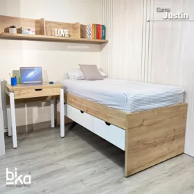 cama justin con escritorio y repisa flotante