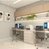 escritorio doble con biblioteca moderna