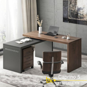 escritorio moderno caprino en ele con cajonera color brown y plomo