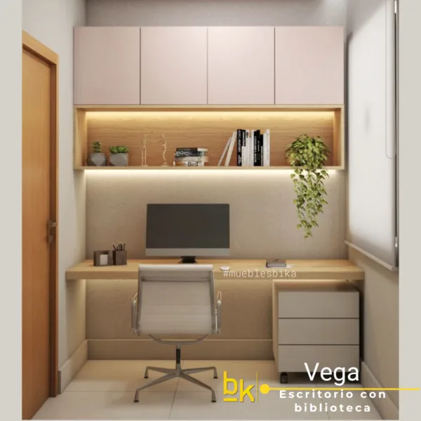 escritorio con biblioteca y repisas con luz led