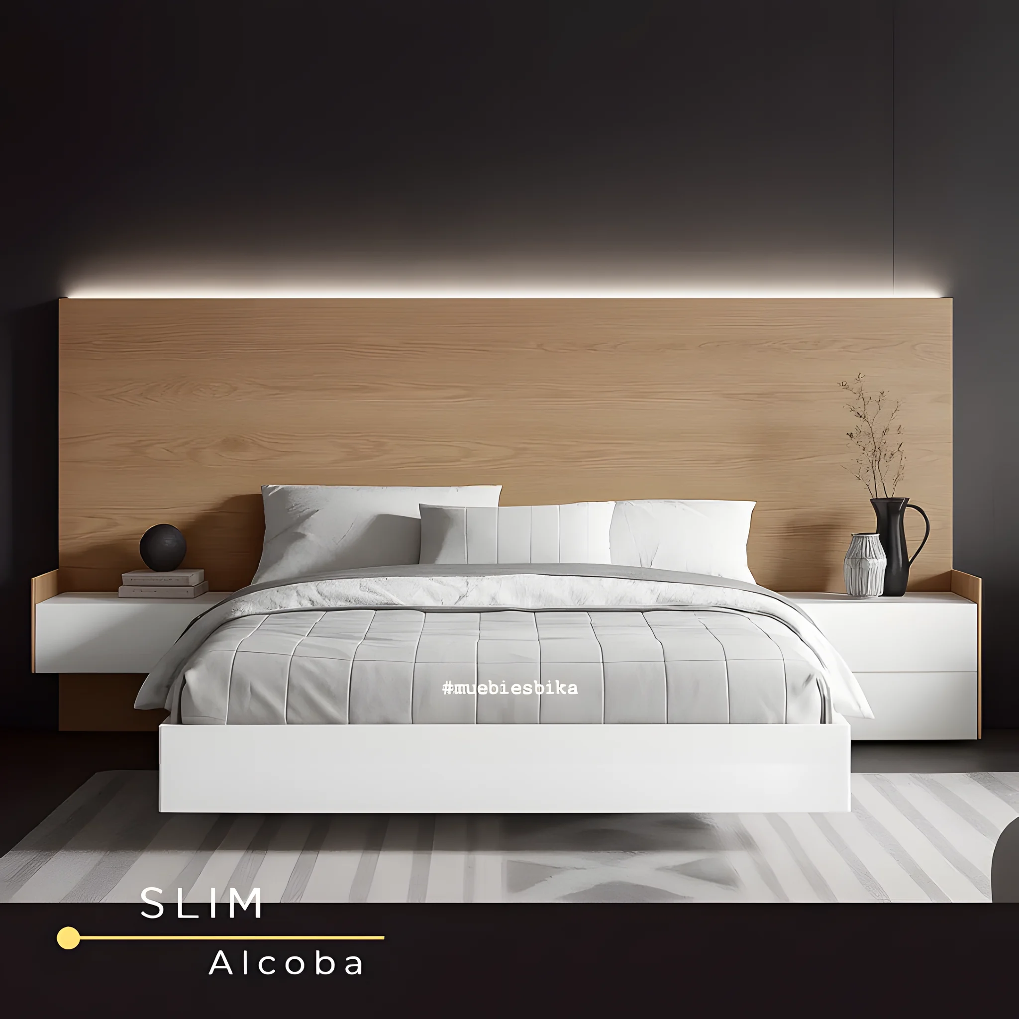 Alcoba moderna Slim: cabecero alto con veta de madera y luz LED, cama y mesas de noche flotantes – vista de frente, ambientada – Muebles Bika Medellín
