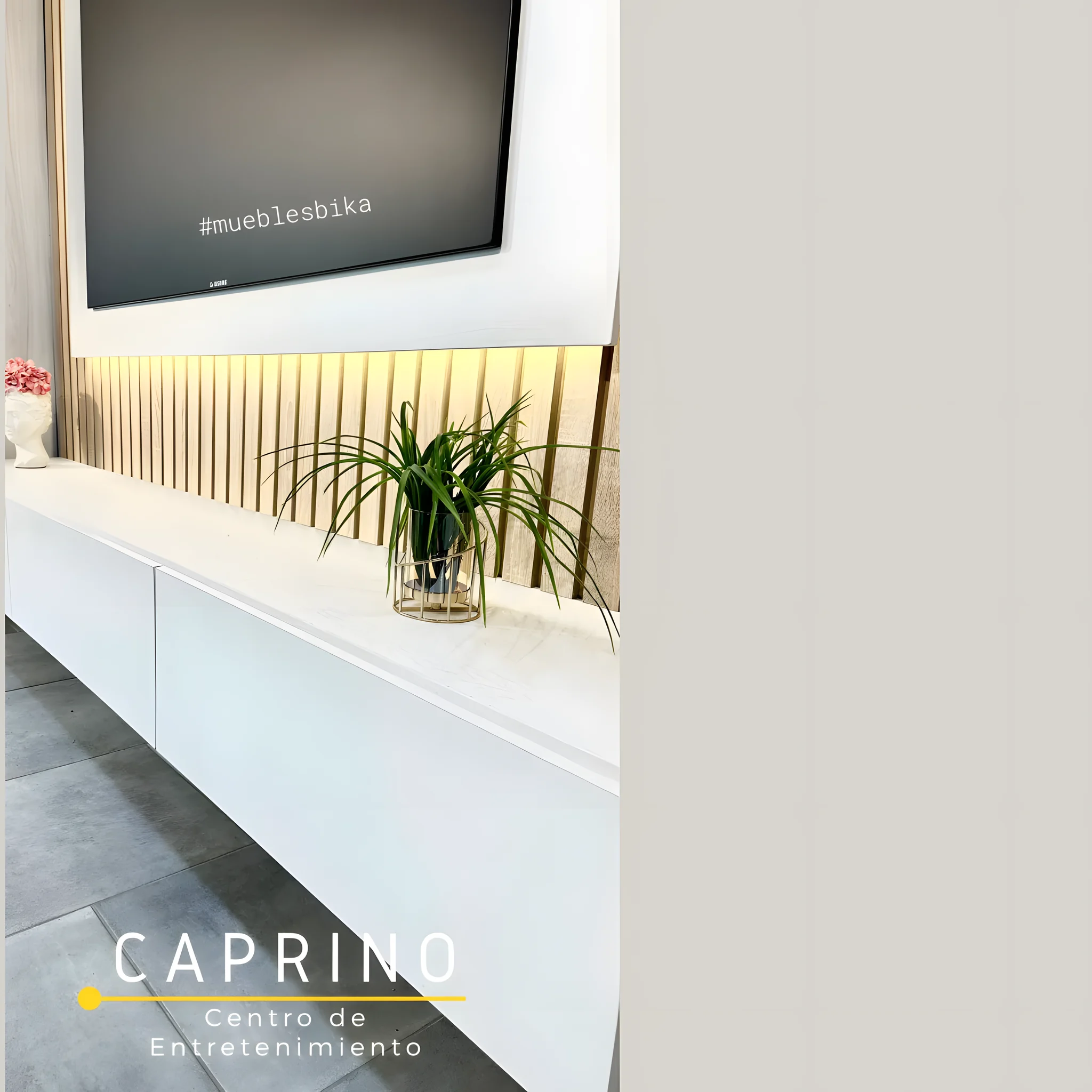 Centro de entretenimiento Caprino flotante con pared de listones – vista detalle de la tapa y la luz LED – Muebles Bika Medellín