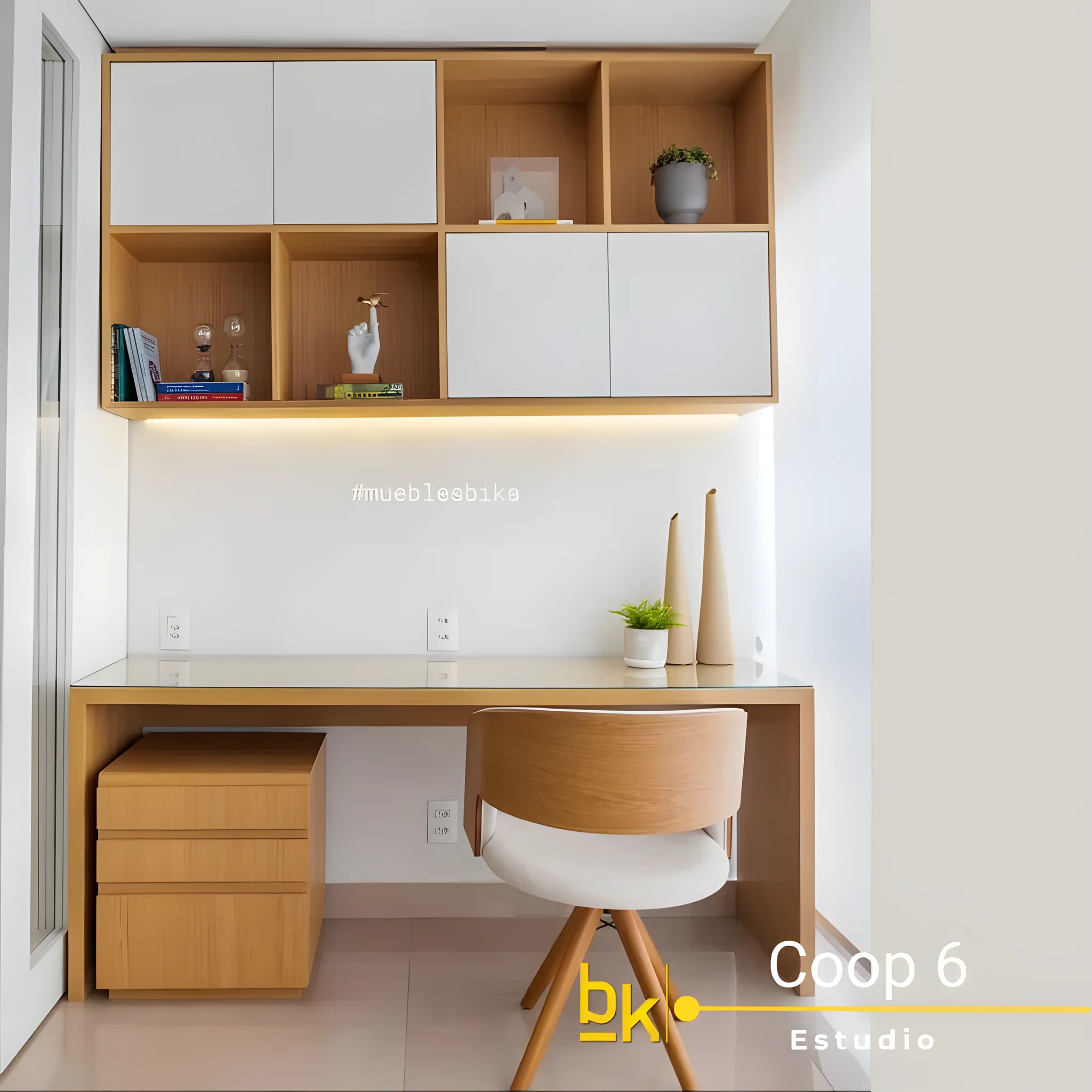 Escritorio con biblioteca Coop 6: biblioteca de pared con puertas y nichos, luz LED, mesón y cajonera de 3 cajones – vista de frente, con la luz LED encendida – Muebles Bika Medellín