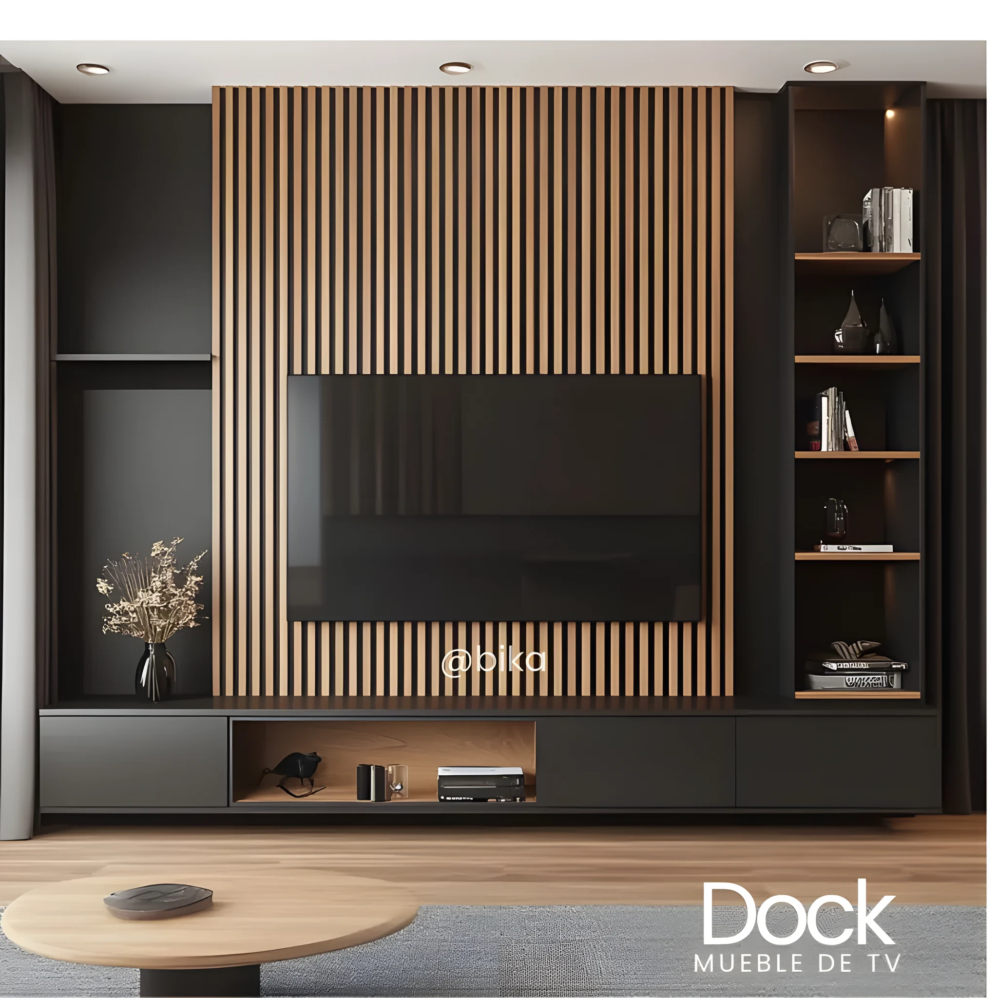 Centro de entretenimiento Dock en negro y madera con torres de repisas y panel de listones – vista de frente – Muebles Bika Medellín
