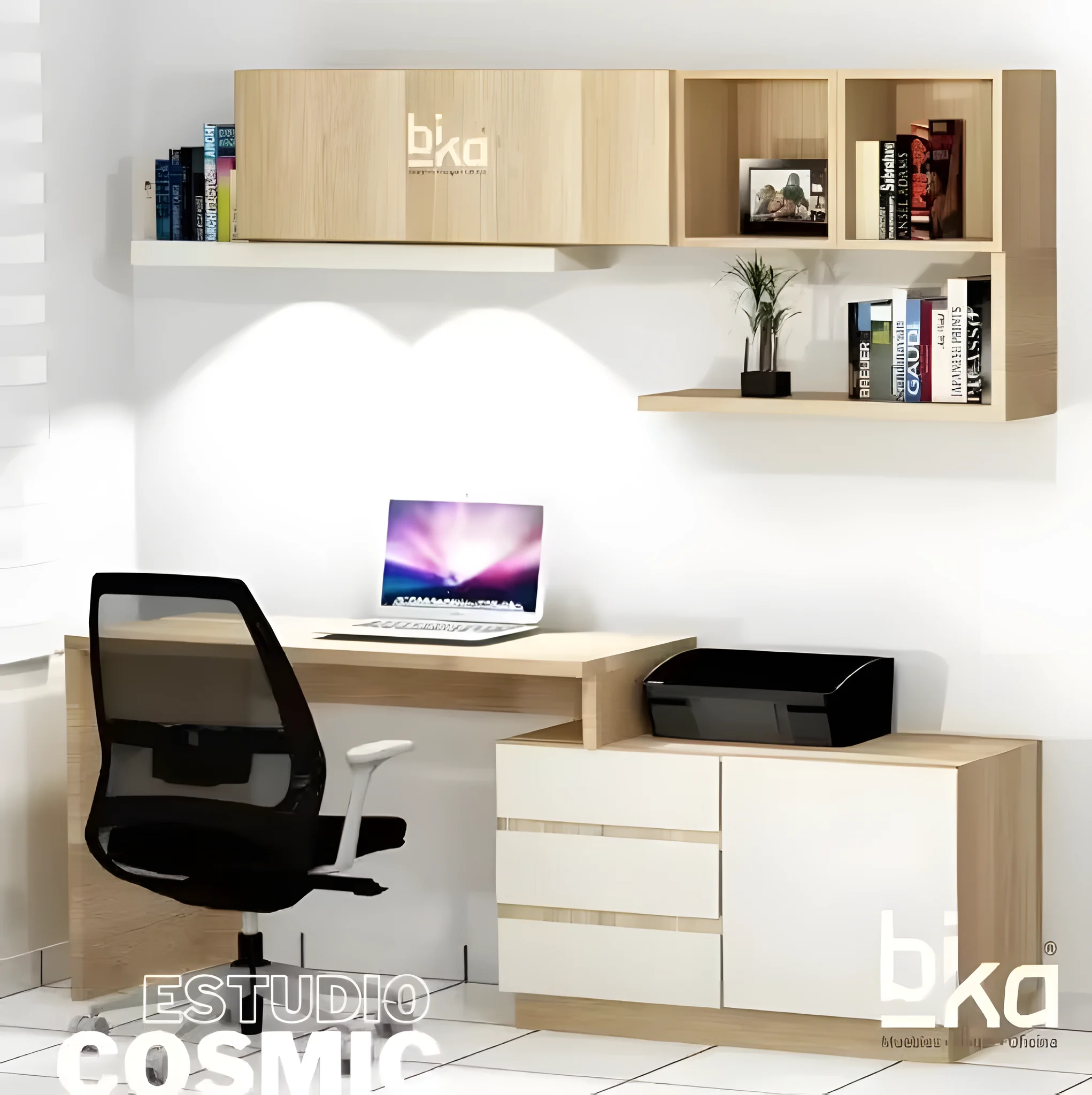 Escritorio con almacenamiento de pared Cosmic, con cajonera de 3 cajones y 1 puerta, gabinete aéreo, cubos abiertos y repisas flotantes – vista de frente – Muebles Bika Medellín
